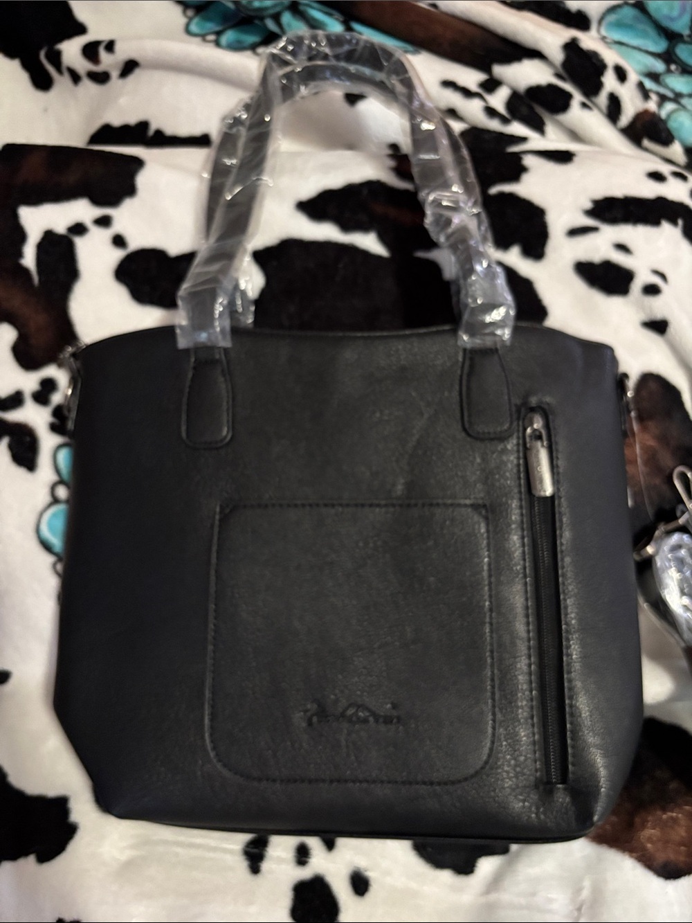 Montana West Black & White Cowhide Tote with Turquoise Accents - Picture 2 of 4